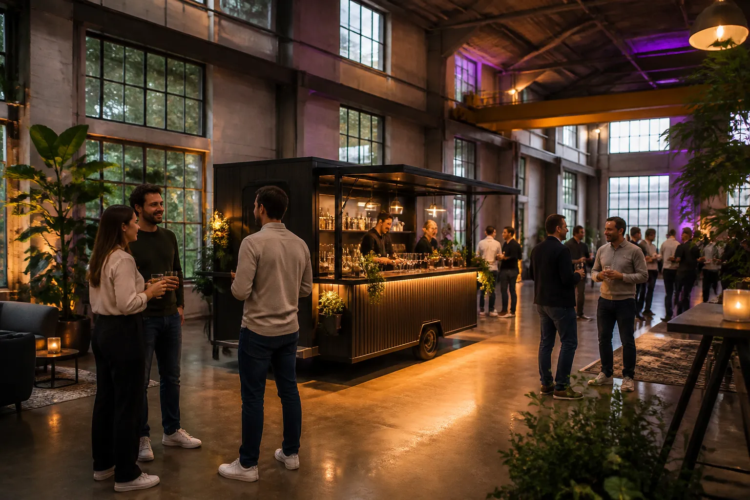 medewerkers halen drankjes bij een mobiele cateringbar in een industriële loods tijdens een informeel bedrijfsevent